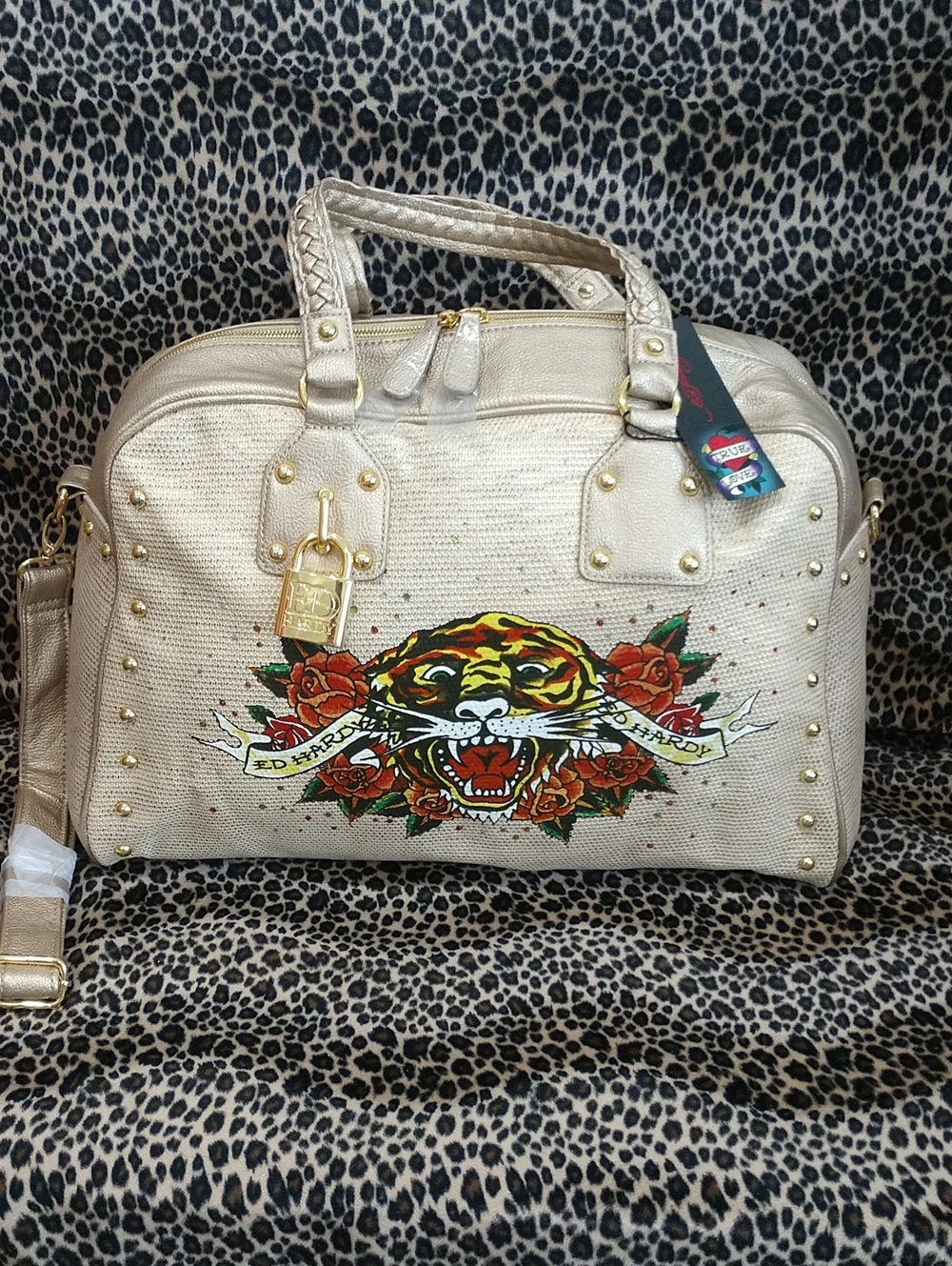 Ed Hardy Metallic Gold Satchel with Tiger & Roses Graphic